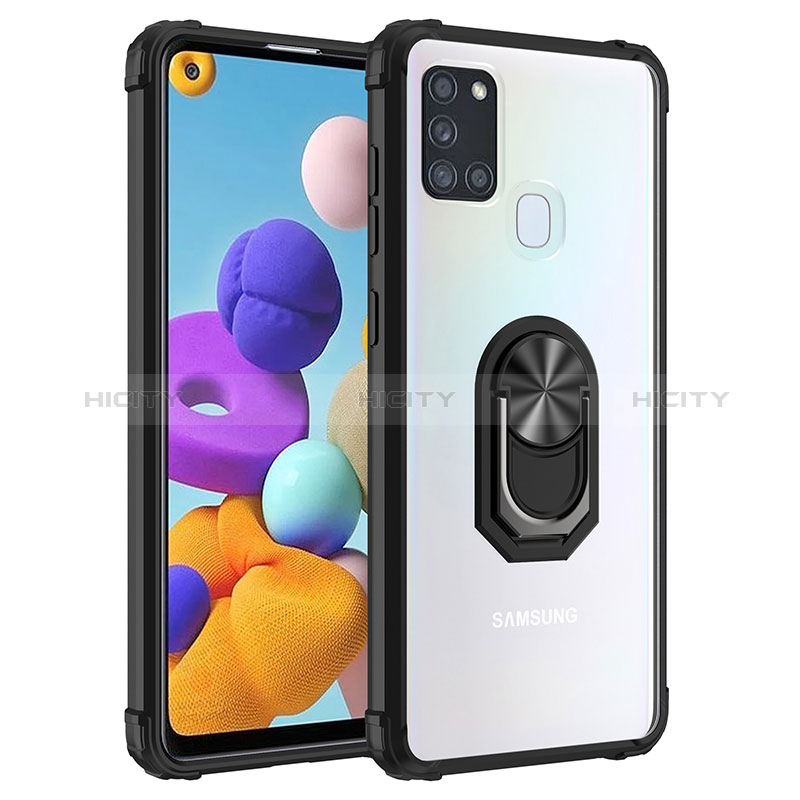 Funda Bumper Silicona y Plastico Mate Carcasa con Magnetico Anillo de dedo Soporte MQ2 para Samsung Galaxy A21s Negro