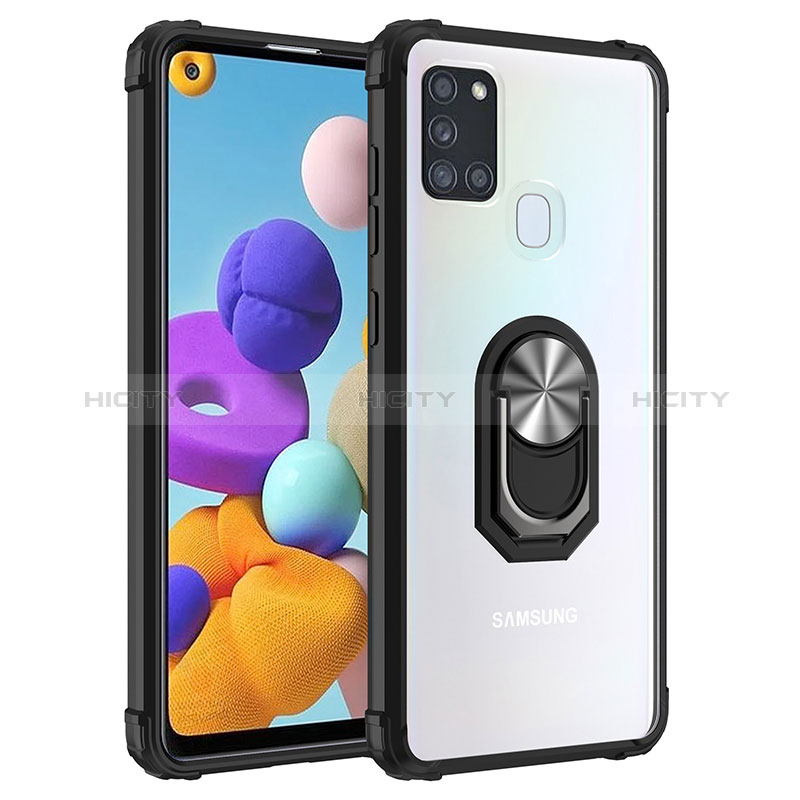 Funda Bumper Silicona y Plastico Mate Carcasa con Magnetico Anillo de dedo Soporte MQ2 para Samsung Galaxy A21s Plata y Negro