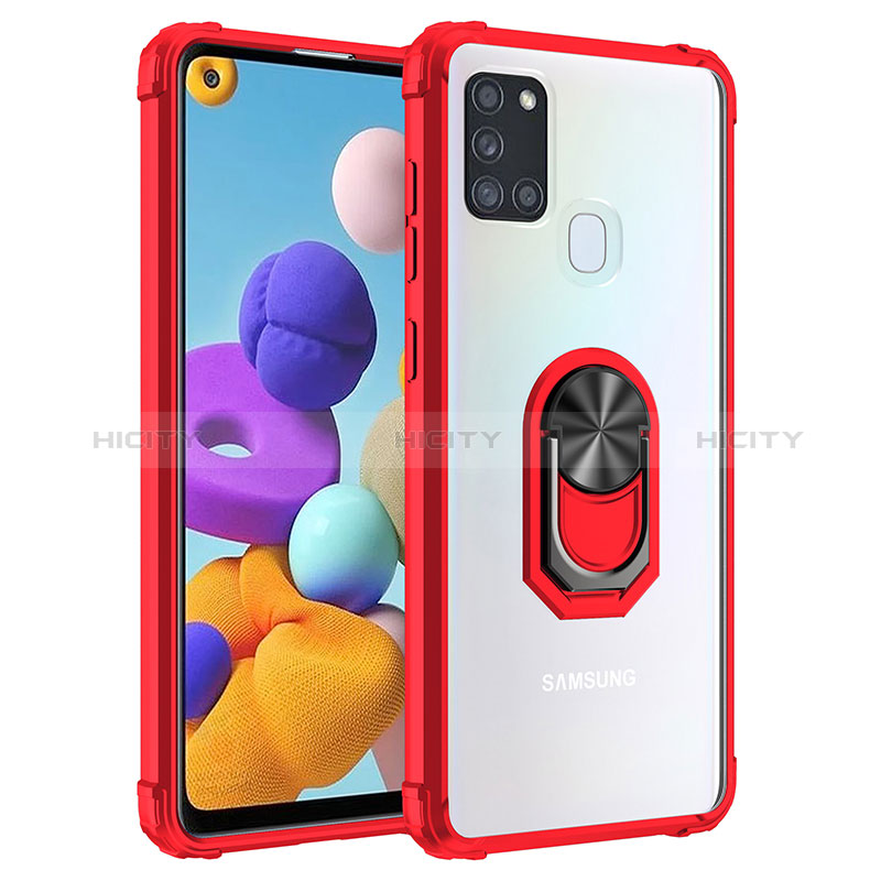 Funda Bumper Silicona y Plastico Mate Carcasa con Magnetico Anillo de dedo Soporte MQ2 para Samsung Galaxy A21s Rojo
