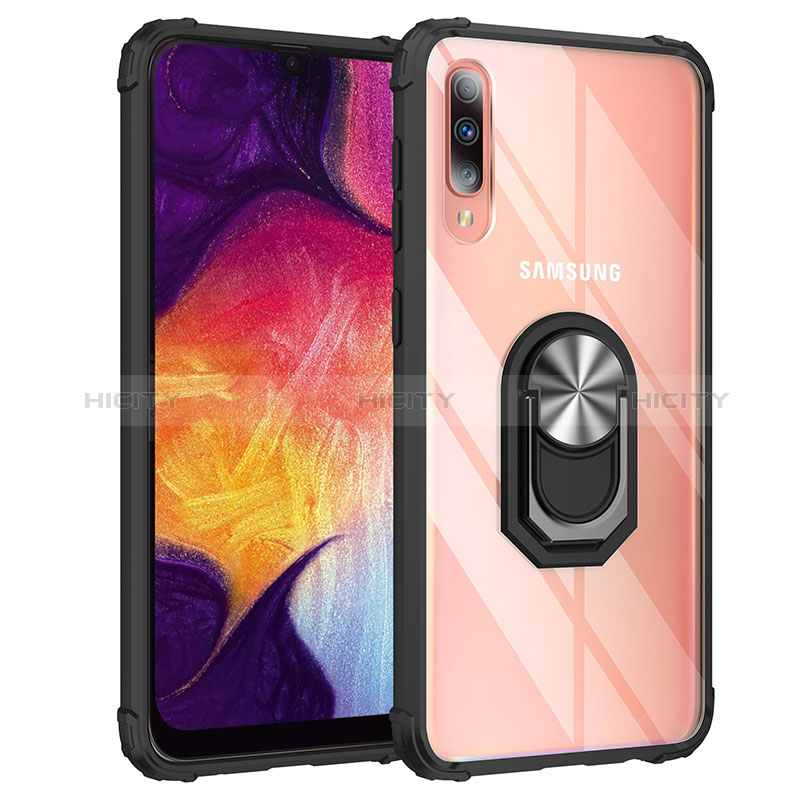 Funda Bumper Silicona y Plastico Mate Carcasa con Magnetico Anillo de dedo Soporte MQ2 para Samsung Galaxy A50 Plata y Negro