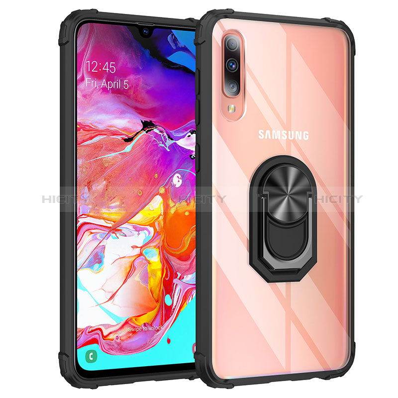 Funda Bumper Silicona y Plastico Mate Carcasa con Magnetico Anillo de dedo Soporte MQ2 para Samsung Galaxy A70 Negro