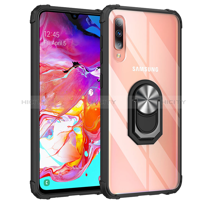 Funda Bumper Silicona y Plastico Mate Carcasa con Magnetico Anillo de dedo Soporte MQ2 para Samsung Galaxy A70 Plata y Negro