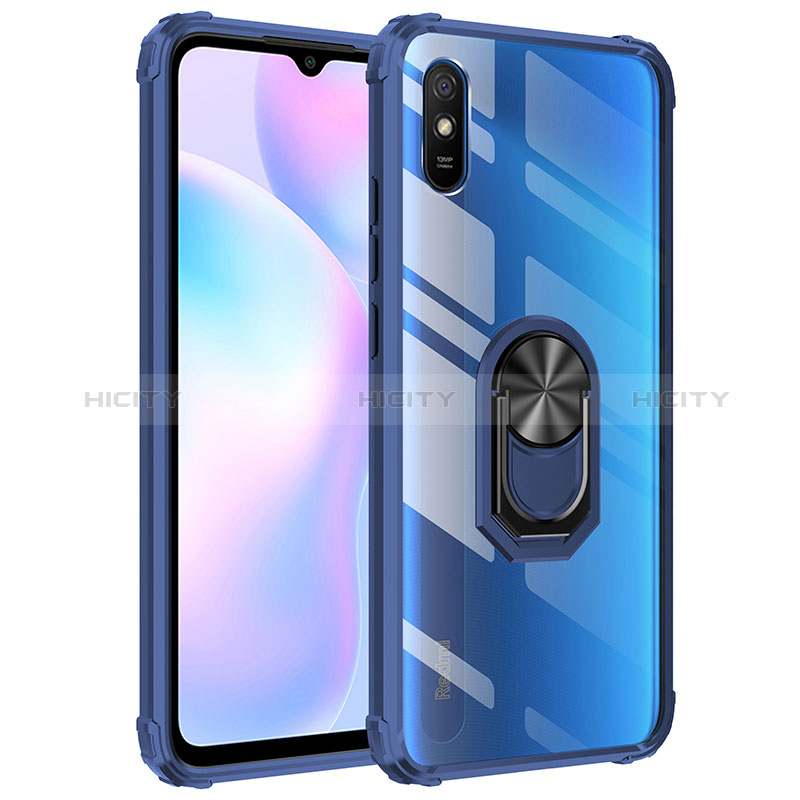 Funda Bumper Silicona y Plastico Mate Carcasa con Magnetico Anillo de dedo Soporte MQ2 para Xiaomi Redmi 9i Azul