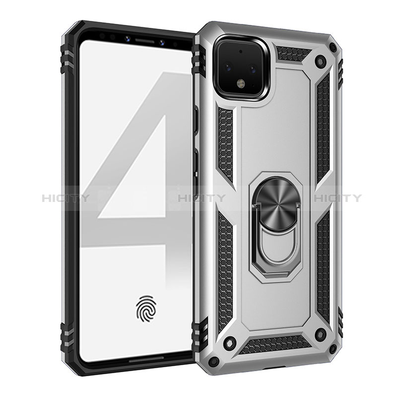 Funda Bumper Silicona y Plastico Mate Carcasa con Magnetico Anillo de dedo Soporte MQ3 para Google Pixel 4 Plata