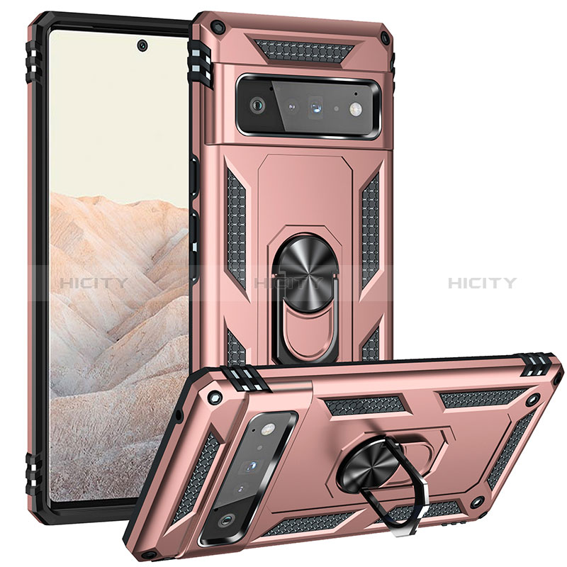 Funda Bumper Silicona y Plastico Mate Carcasa con Magnetico Anillo de dedo Soporte MQ3 para Google Pixel 6 Pro 5G Oro Rosa