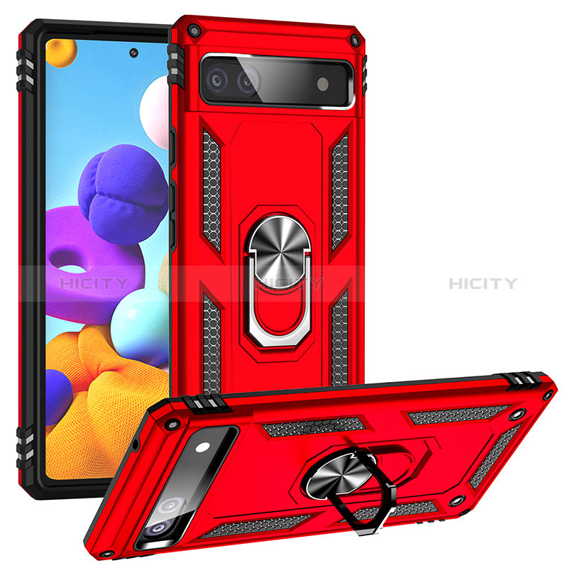 Funda Bumper Silicona y Plastico Mate Carcasa con Magnetico Anillo de dedo Soporte MQ3 para Google Pixel 6a 5G Rojo