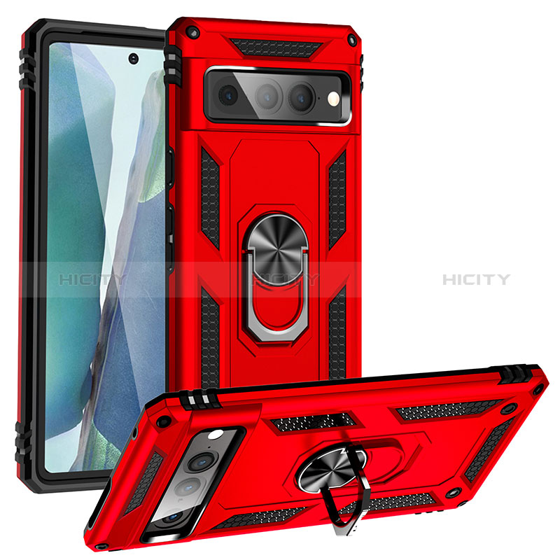 Funda Bumper Silicona y Plastico Mate Carcasa con Magnetico Anillo de dedo Soporte MQ3 para Google Pixel 7 Pro 5G Rojo