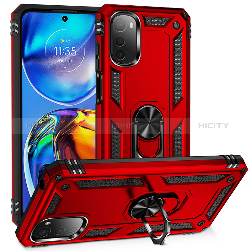 Funda Bumper Silicona y Plastico Mate Carcasa con Magnetico Anillo de dedo Soporte MQ3 para Motorola Moto E32 Rojo