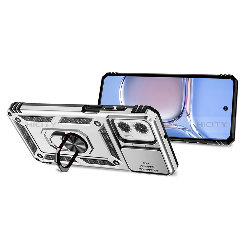 Funda Bumper Silicona y Plastico Mate Carcasa con Magnetico Anillo de dedo Soporte MQ3 para Motorola Moto G 5G (2023) Plata