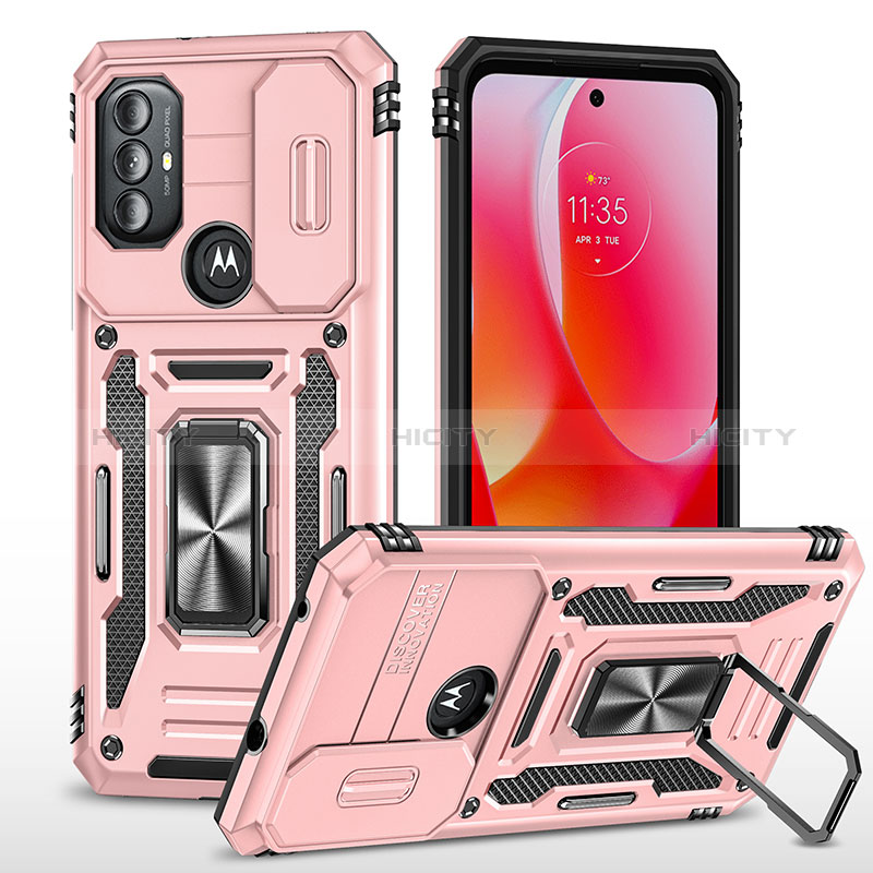 Funda Bumper Silicona y Plastico Mate Carcasa con Magnetico Anillo de dedo Soporte MQ3 para Motorola Moto G Play (2023) Oro Rosa