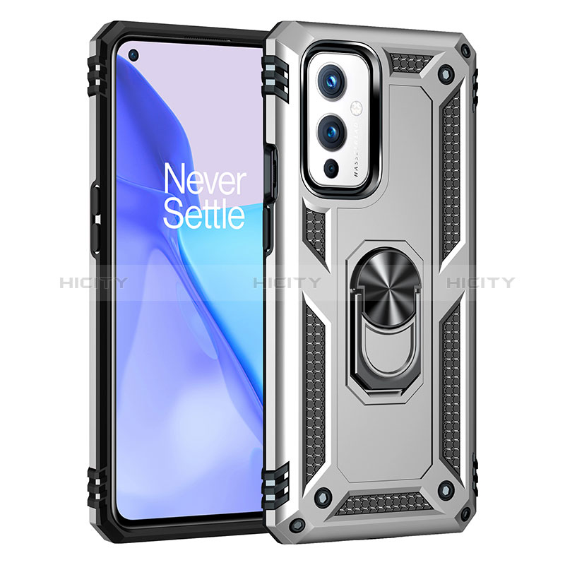 Funda Bumper Silicona y Plastico Mate Carcasa con Magnetico Anillo de dedo Soporte MQ3 para OnePlus 9 5G Plata