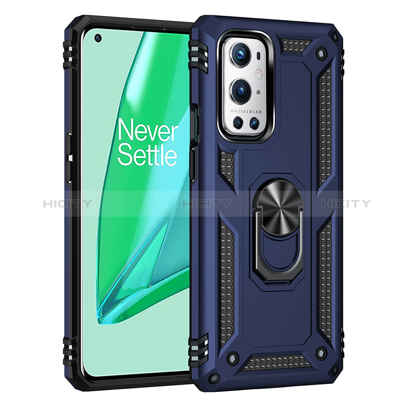 Funda Bumper Silicona y Plastico Mate Carcasa con Magnetico Anillo de dedo Soporte MQ3 para OnePlus 9 Pro 5G Azul