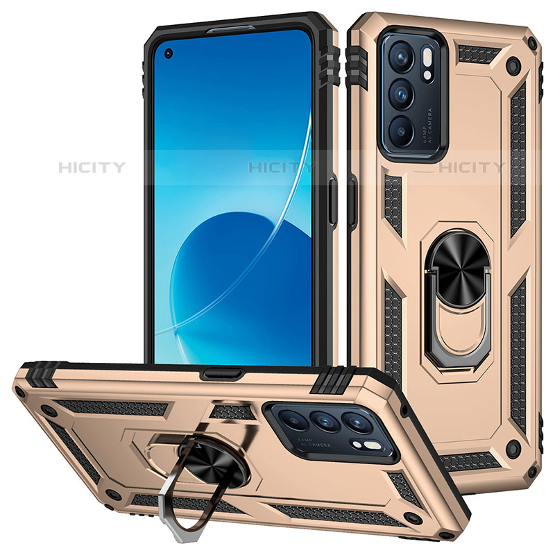 Funda Bumper Silicona y Plastico Mate Carcasa con Magnetico Anillo de dedo Soporte MQ3 para Oppo Reno6 5G Oro