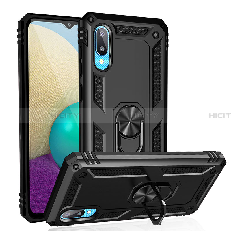 Funda Bumper Silicona y Plastico Mate Carcasa con Magnetico Anillo de dedo Soporte MQ3 para Samsung Galaxy A02 Negro