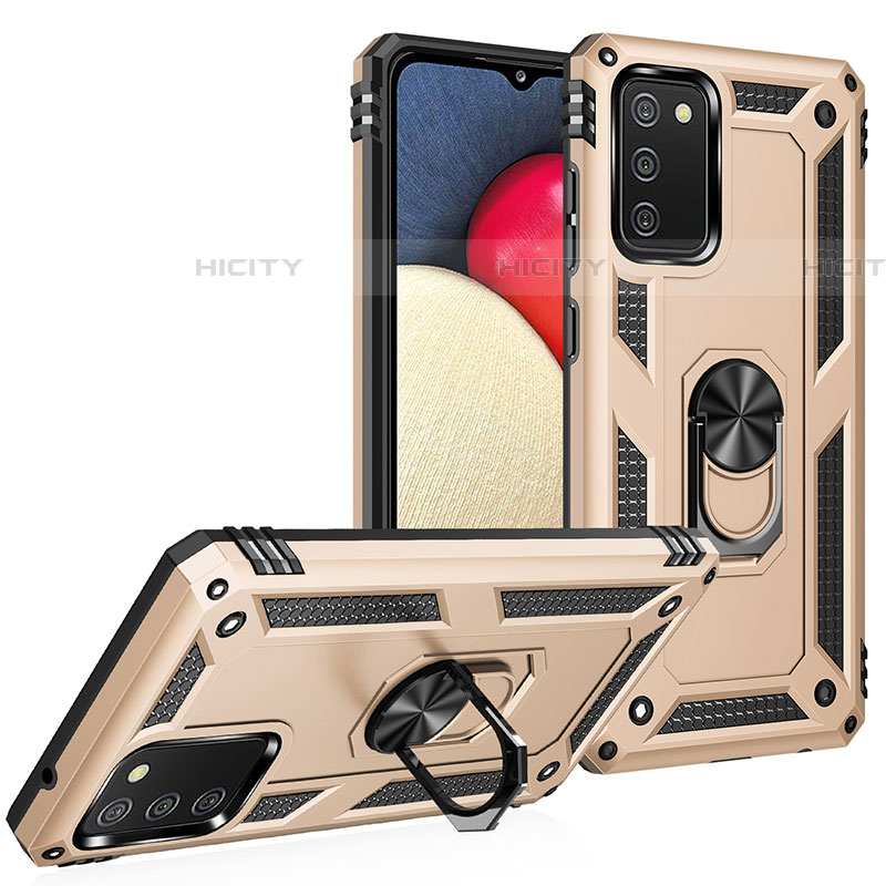 Funda Bumper Silicona y Plastico Mate Carcasa con Magnetico Anillo de dedo Soporte MQ3 para Samsung Galaxy A03s Oro