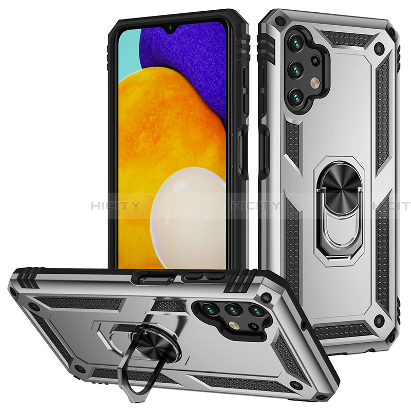 Funda Bumper Silicona y Plastico Mate Carcasa con Magnetico Anillo de dedo Soporte MQ3 para Samsung Galaxy A13 4G Plata