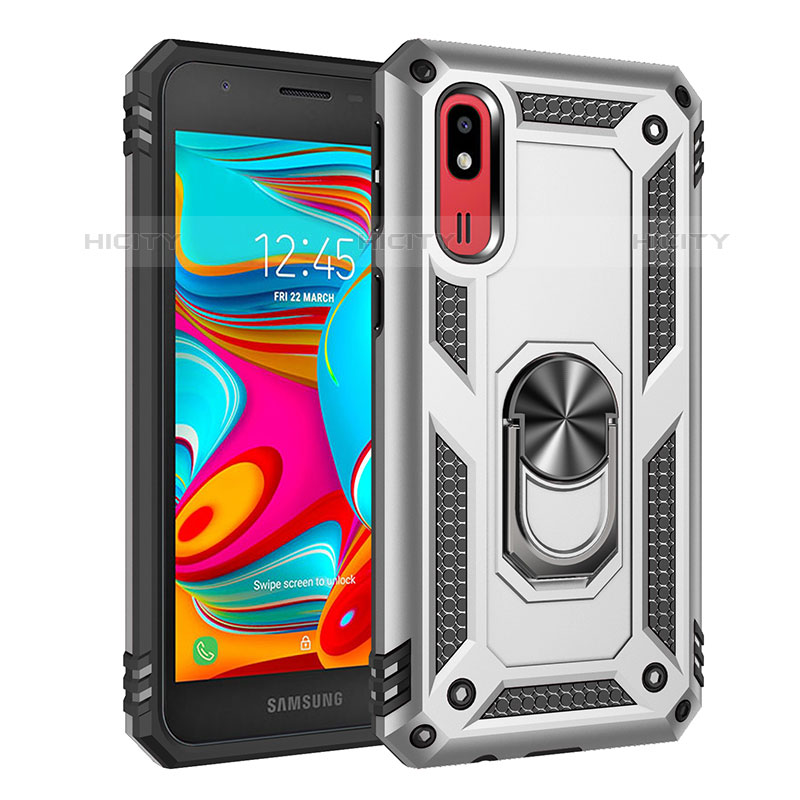 Funda Bumper Silicona y Plastico Mate Carcasa con Magnetico Anillo de dedo Soporte MQ3 para Samsung Galaxy A2 Core A260F A260G Plata