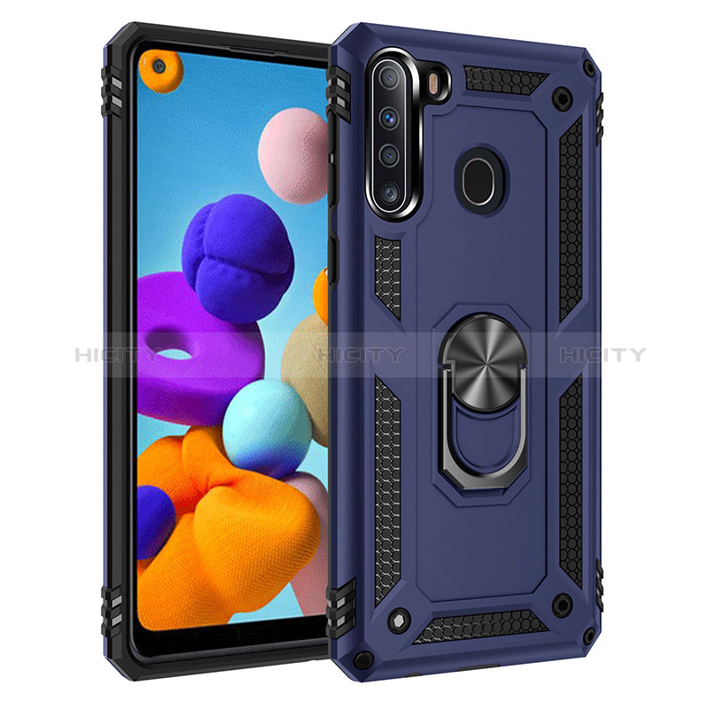 Funda Bumper Silicona y Plastico Mate Carcasa con Magnetico Anillo de dedo Soporte MQ3 para Samsung Galaxy A21 Azul