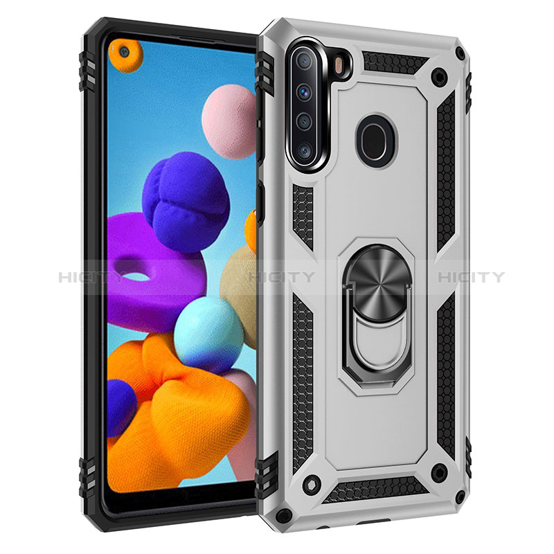 Funda Bumper Silicona y Plastico Mate Carcasa con Magnetico Anillo de dedo Soporte MQ3 para Samsung Galaxy A21 Plata