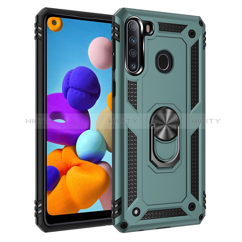 Funda Bumper Silicona y Plastico Mate Carcasa con Magnetico Anillo de dedo Soporte MQ3 para Samsung Galaxy A21 Verde