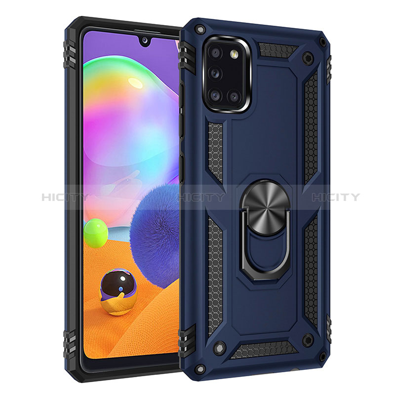 Funda Bumper Silicona y Plastico Mate Carcasa con Magnetico Anillo de dedo Soporte MQ3 para Samsung Galaxy A31 Azul