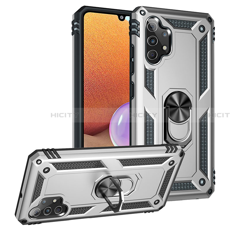 Funda Bumper Silicona y Plastico Mate Carcasa con Magnetico Anillo de dedo Soporte MQ3 para Samsung Galaxy A32 4G Plata