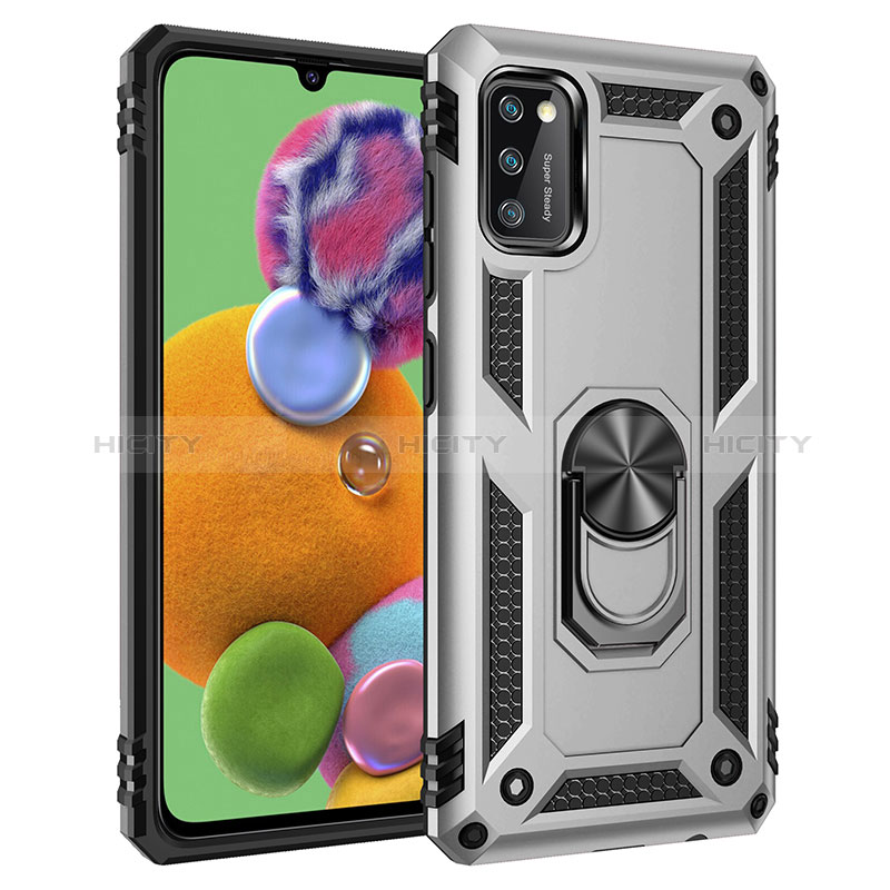 Funda Bumper Silicona y Plastico Mate Carcasa con Magnetico Anillo de dedo Soporte MQ3 para Samsung Galaxy A41 Plata