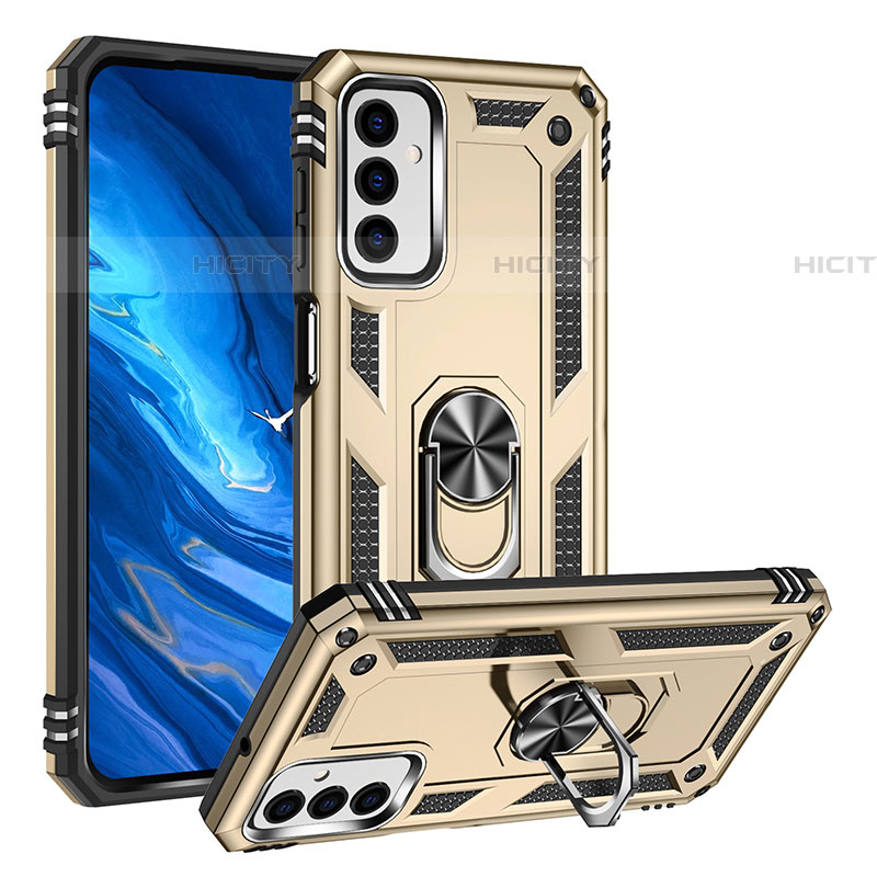 Funda Bumper Silicona y Plastico Mate Carcasa con Magnetico Anillo de dedo Soporte MQ3 para Samsung Galaxy F23 5G Oro