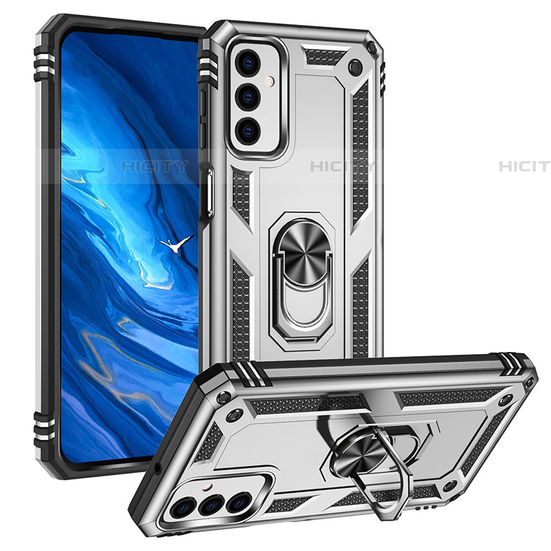 Funda Bumper Silicona y Plastico Mate Carcasa con Magnetico Anillo de dedo Soporte MQ3 para Samsung Galaxy F23 5G Plata