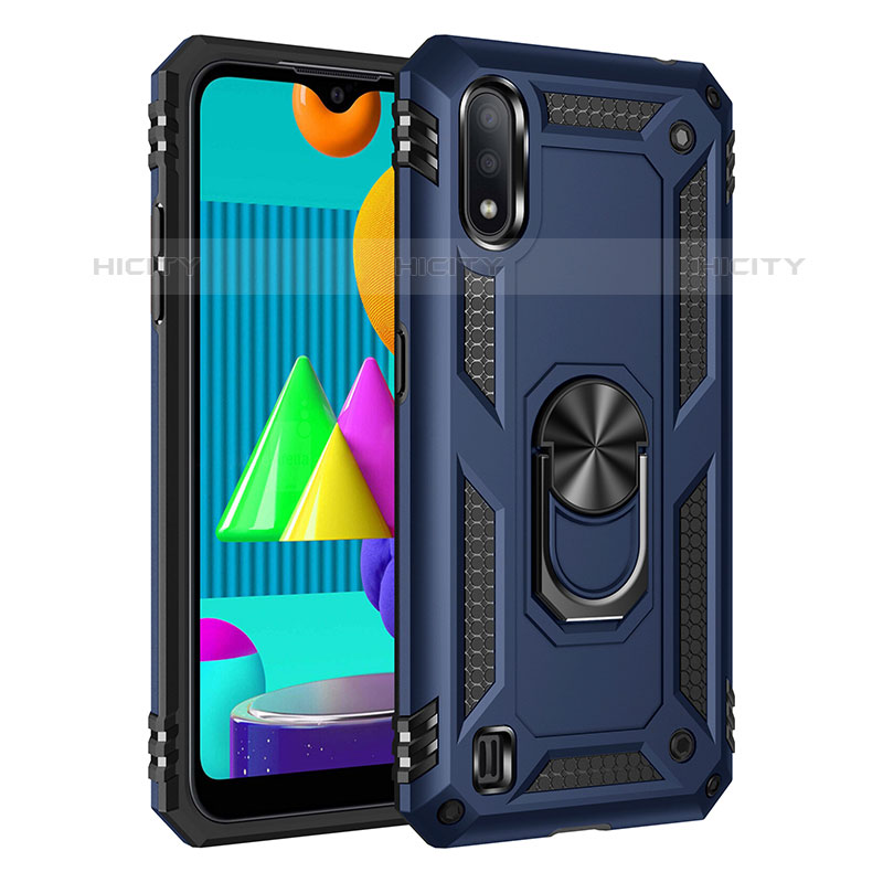 Funda Bumper Silicona y Plastico Mate Carcasa con Magnetico Anillo de dedo Soporte MQ3 para Samsung Galaxy M01 Azul