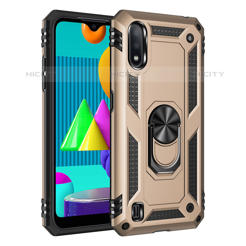 Funda Bumper Silicona y Plastico Mate Carcasa con Magnetico Anillo de dedo Soporte MQ3 para Samsung Galaxy M01 Oro