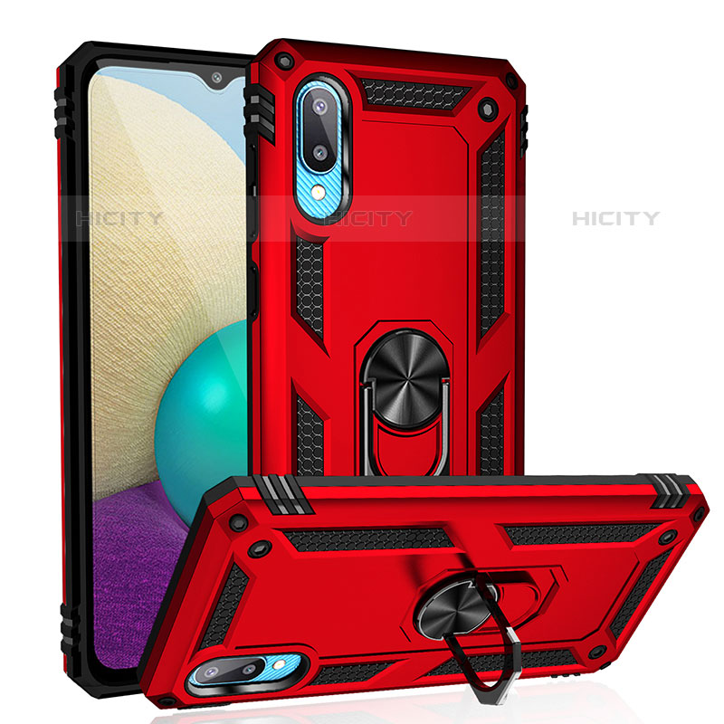 Funda Bumper Silicona y Plastico Mate Carcasa con Magnetico Anillo de dedo Soporte MQ3 para Samsung Galaxy M02 Rojo