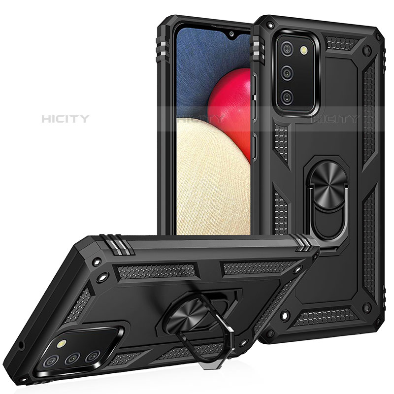 Funda Bumper Silicona y Plastico Mate Carcasa con Magnetico Anillo de dedo Soporte MQ3 para Samsung Galaxy M02s Negro