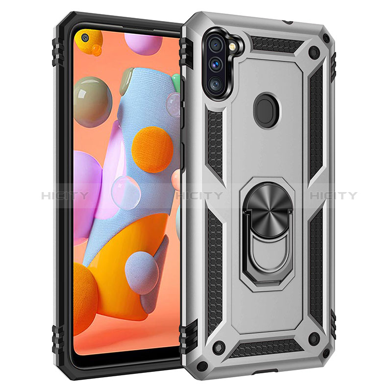 Funda Bumper Silicona y Plastico Mate Carcasa con Magnetico Anillo de dedo Soporte MQ3 para Samsung Galaxy M11 Plata