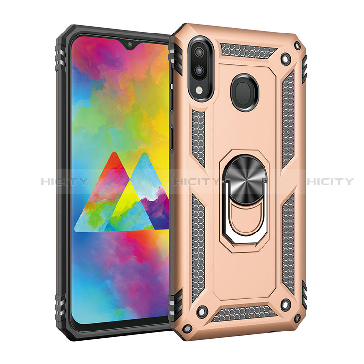 Funda Bumper Silicona y Plastico Mate Carcasa con Magnetico Anillo de dedo Soporte MQ3 para Samsung Galaxy M20 Oro