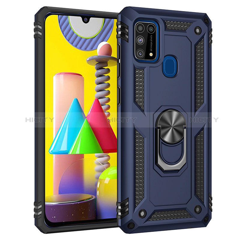 Funda Bumper Silicona y Plastico Mate Carcasa con Magnetico Anillo de dedo Soporte MQ3 para Samsung Galaxy M21s Azul