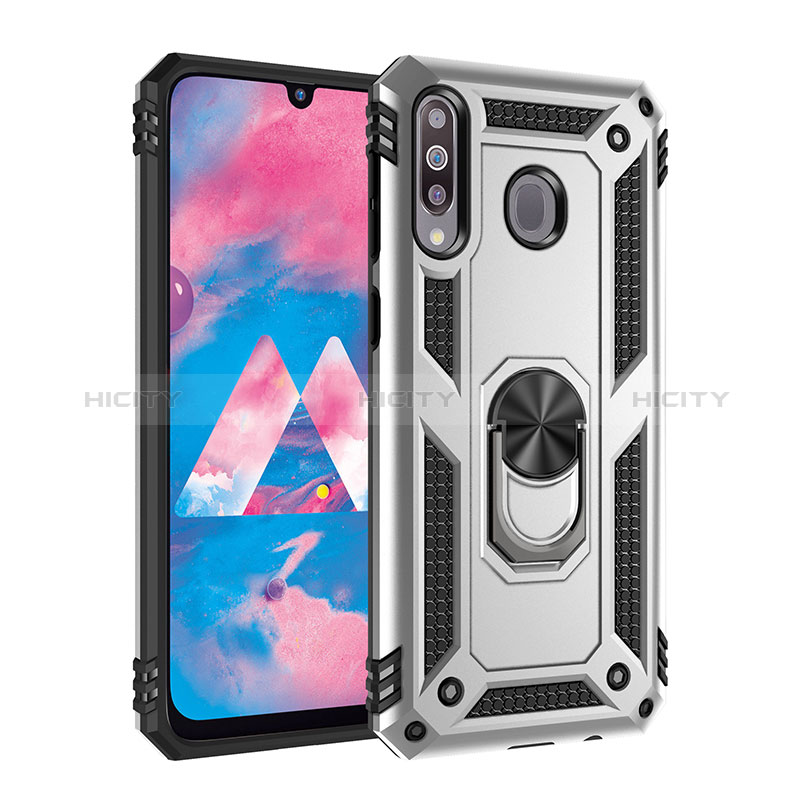 Funda Bumper Silicona y Plastico Mate Carcasa con Magnetico Anillo de dedo Soporte MQ3 para Samsung Galaxy M30 Plata