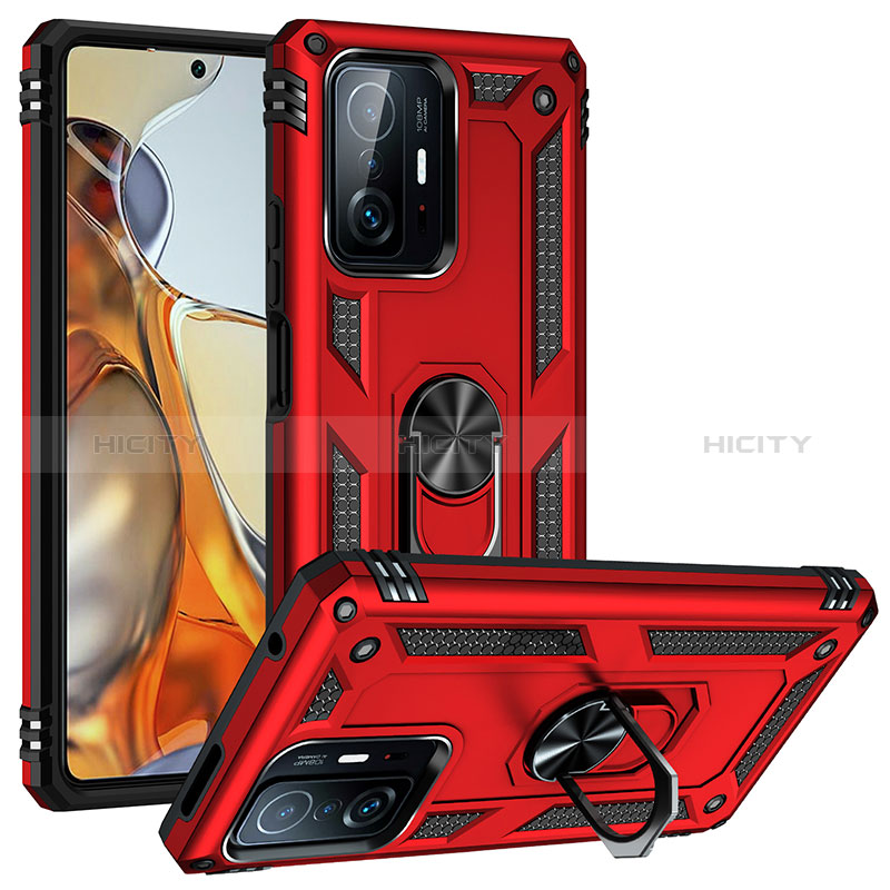 Funda Bumper Silicona y Plastico Mate Carcasa con Magnetico Anillo de dedo Soporte MQ3 para Xiaomi Mi 11T 5G Rojo