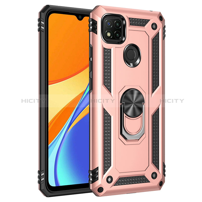 Funda Bumper Silicona y Plastico Mate Carcasa con Magnetico Anillo de dedo Soporte MQ3 para Xiaomi POCO C3 Oro Rosa