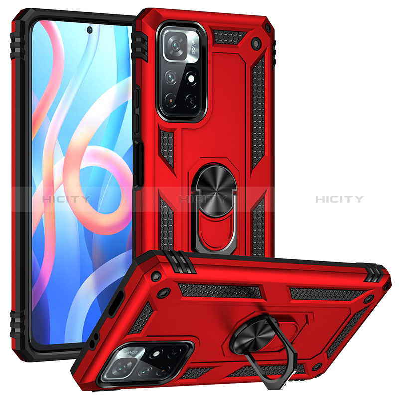 Funda Bumper Silicona y Plastico Mate Carcasa con Magnetico Anillo de dedo Soporte MQ3 para Xiaomi Poco M4 Pro 5G Rojo