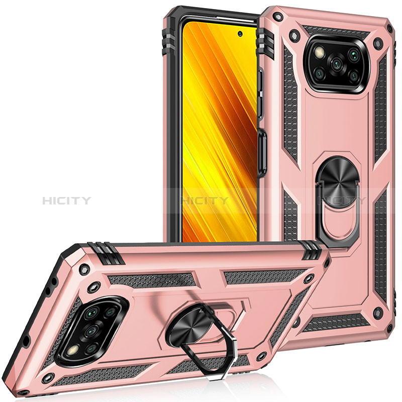 Funda Bumper Silicona y Plastico Mate Carcasa con Magnetico Anillo de dedo Soporte MQ3 para Xiaomi Poco X3 NFC Oro Rosa