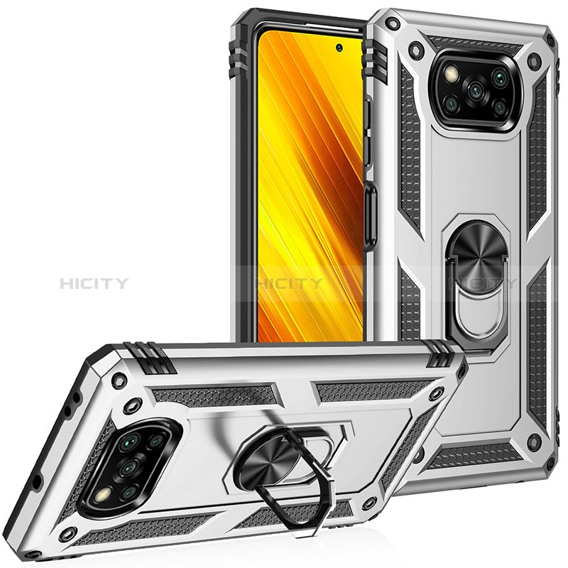 Funda Bumper Silicona y Plastico Mate Carcasa con Magnetico Anillo de dedo Soporte MQ3 para Xiaomi Poco X3 NFC Plata