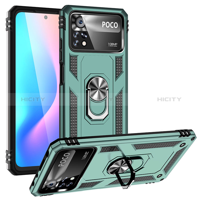 Funda Bumper Silicona y Plastico Mate Carcasa con Magnetico Anillo de dedo Soporte MQ3 para Xiaomi Poco X4 Pro 5G Verde