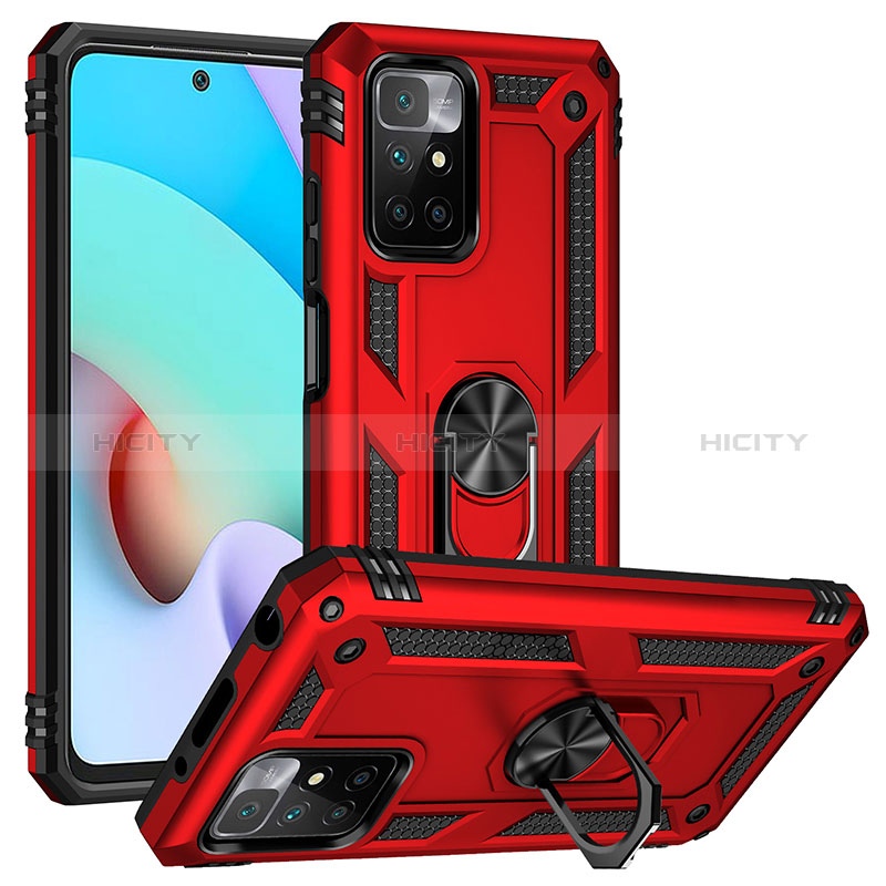 Funda Bumper Silicona y Plastico Mate Carcasa con Magnetico Anillo de dedo Soporte MQ3 para Xiaomi Redmi 10 (2022) Rojo