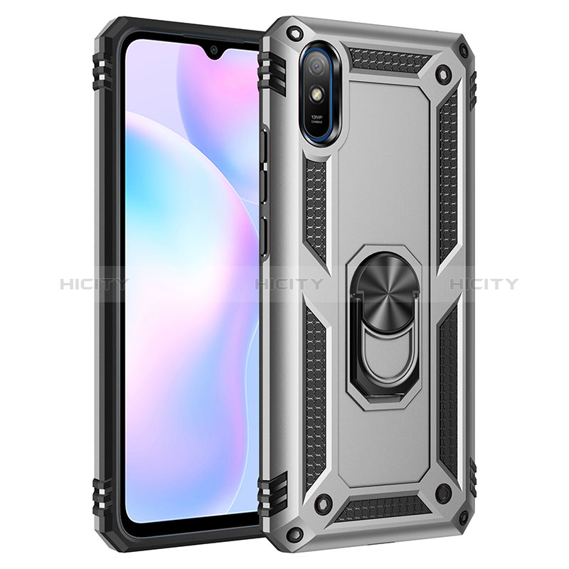 Funda Bumper Silicona y Plastico Mate Carcasa con Magnetico Anillo de dedo Soporte MQ3 para Xiaomi Redmi 9A Plata