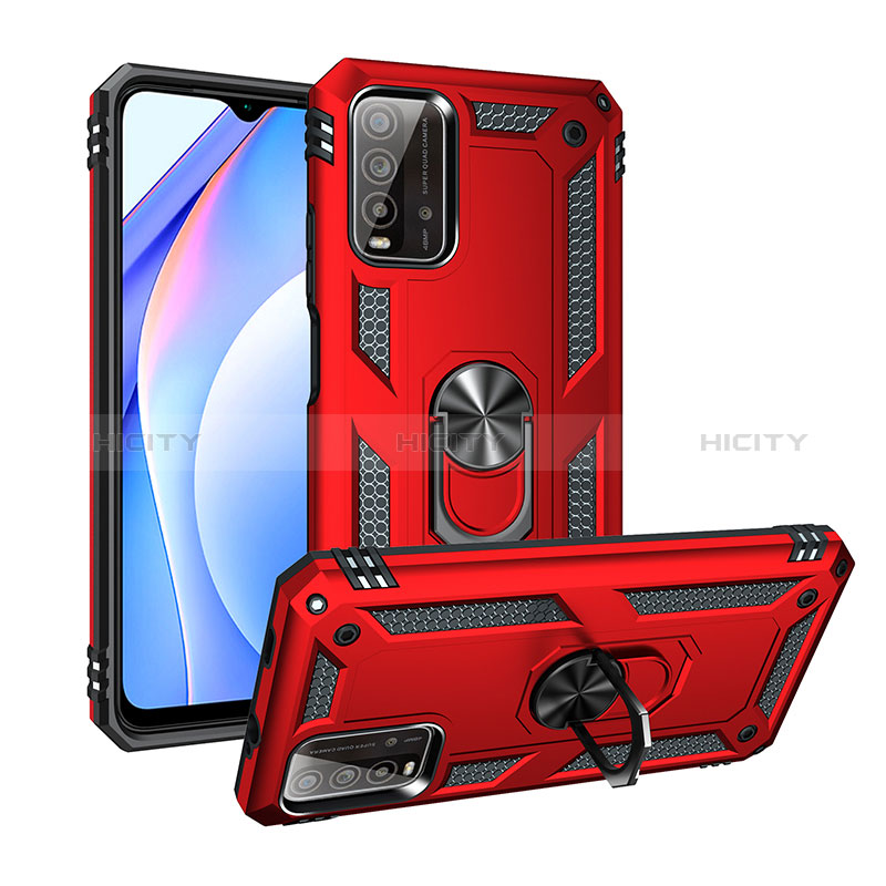 Funda Bumper Silicona y Plastico Mate Carcasa con Magnetico Anillo de dedo Soporte MQ3 para Xiaomi Redmi 9T 4G Rojo