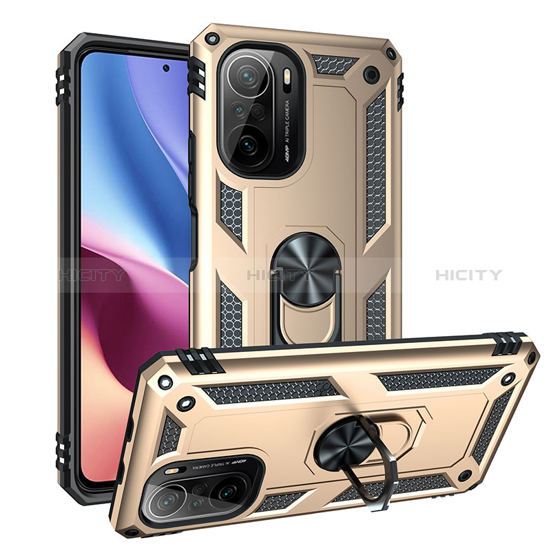 Funda Bumper Silicona y Plastico Mate Carcasa con Magnetico Anillo de dedo Soporte MQ3 para Xiaomi Redmi K40 5G Oro