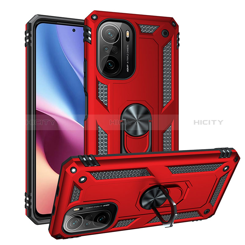 Funda Bumper Silicona y Plastico Mate Carcasa con Magnetico Anillo de dedo Soporte MQ3 para Xiaomi Redmi K40 5G Rojo