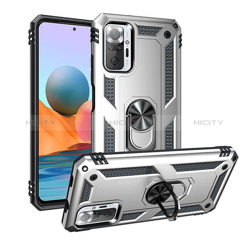 Funda Bumper Silicona y Plastico Mate Carcasa con Magnetico Anillo de dedo Soporte MQ3 para Xiaomi Redmi Note 10 Pro 4G Plata