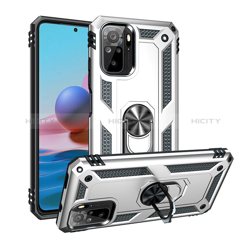 Funda Bumper Silicona y Plastico Mate Carcasa con Magnetico Anillo de dedo Soporte MQ3 para Xiaomi Redmi Note 10S 4G Plata